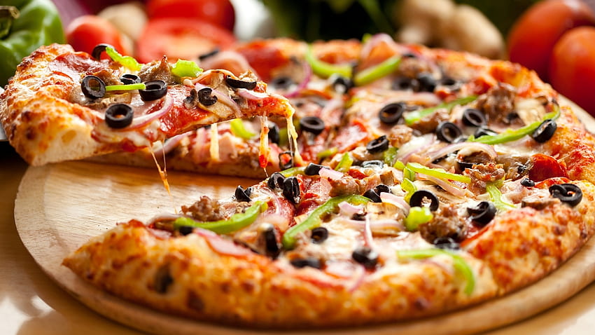 Сирене, зеленчуци, маслина, парче пица - Резолюция: - Wallpx, хранителна пица HD тапет