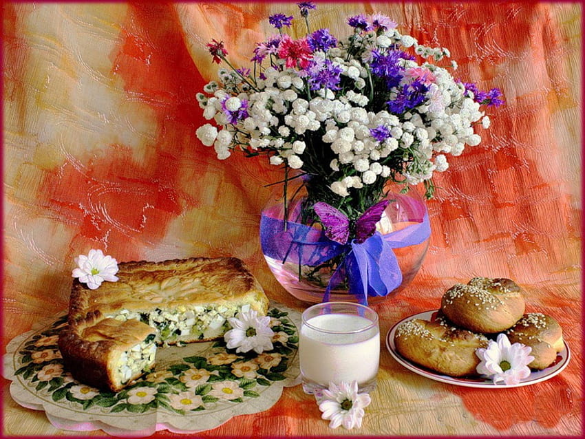 Still life, milk, sweet, vase, beautiful, cake, nice, daisies, delicate, pretty, flowers, lovely HD wallpaper