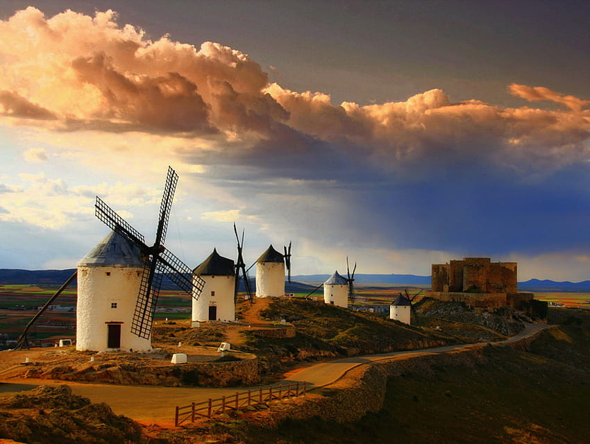 Windmills, hills, windows, rocky, doors, landscape, peaceful, buildings, clouds, road, sky, mountains, lovely HD wallpaper