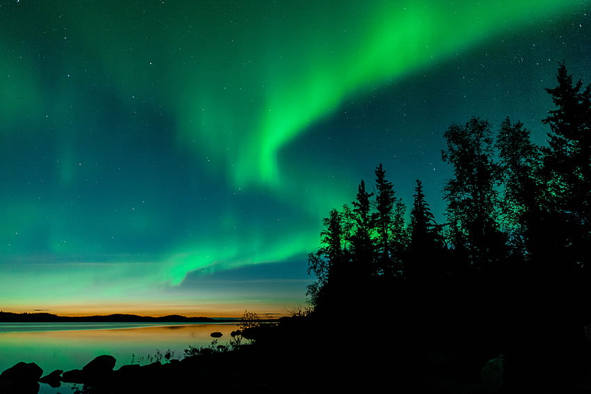 Yaz Aurora, kuzey ışığı, ağaçlar, renkler, gökyüzü, göl, aurora borealis HD duvar kağıdı