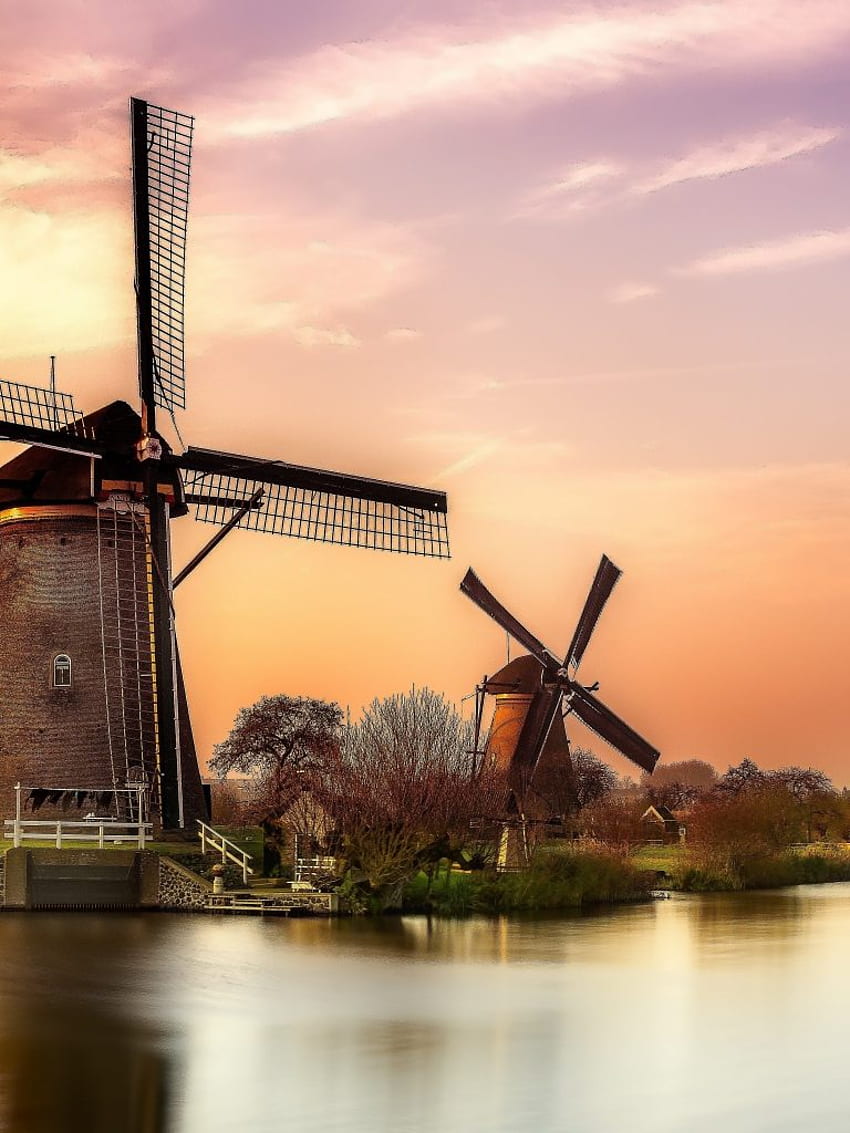 Sunset River Holland Windmill - [], Dutch Windmill HD phone wallpaper