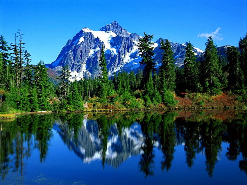 Reflexionen, blau, Kristall, Gelassenheit, schön, ruhig, Ufer, Bäume, Wasser, majestätisch, verschneit, schön, See, Berg, Klippen, gespiegelt, Natur, klar, schön, Ruhe, Gipfel HD-Hintergrundbild