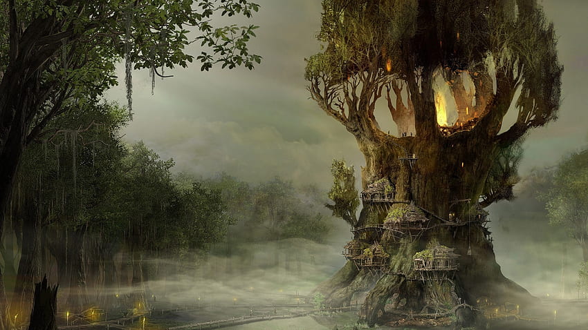 Władca pierścieni, fantazja, sztuka, światło, luminos, las, lotr, drzewo Tapeta HD