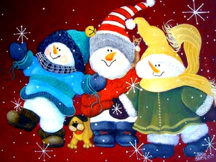 ★Hi, Happy Snowmen★, celebrations, dog, holidays, winter holidays, cute, colors, digital art, snowflakes, drawings, happy, hats, snowmen, weird things people wear, paintings, greetings, creative pre-made, love four seasons, scarves, xmas and new year, lovely HD wallpaper