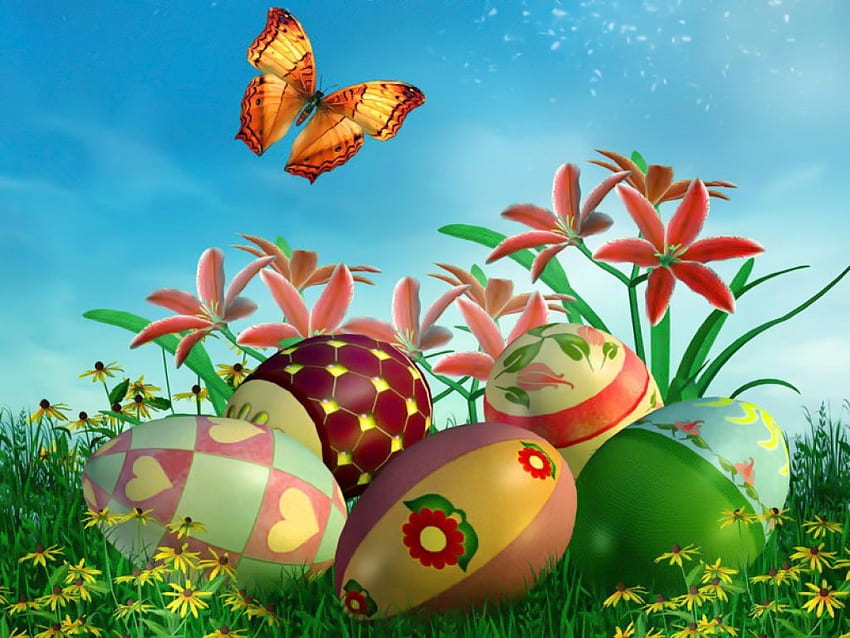 Easter time, colorful, meadow, beautiful, grass, eggs, basket, holiday, butterfly, time, pretty, field, freshness, flowers, sky, easter, lovely HD wallpaper