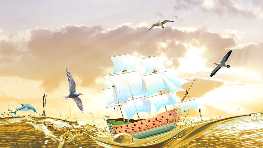 At Sea, sea, sailing ship, paint, sky, sea birds, water, ocean HD wallpaper
