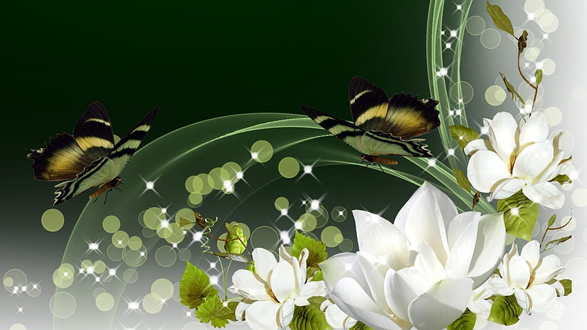 Magische Nächte, Design, Glühen, Papillon, Sterne, Bokeh, Magnolie, Schmetterlinge, Schmetterling, abstrakt, Licht, Glanz, Blumen, Fleurs HD-Hintergrundbild