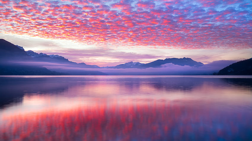 Mountains, pink clouds, reflections, lake HD wallpaper