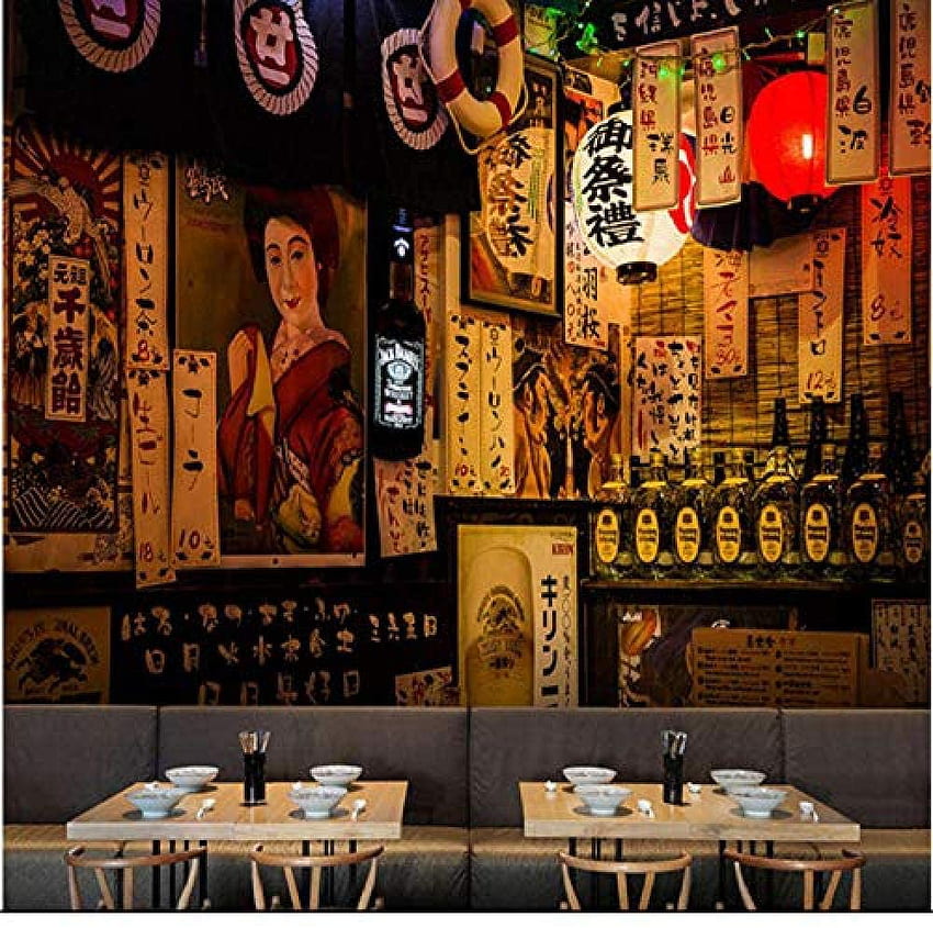 Jbekjg Японска ретро улица Izakaya Нощен изглед 3D за кухня Суши Рамен Ресторант Индустриална стенописна хартия 3D 290X190Cm: Инструменти и подобрения на дома HD тапет