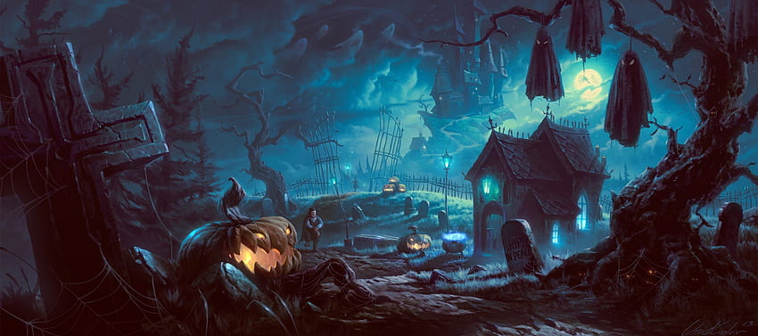art halloween night tree vampire pumpkin bats castle house darkly HD wallpaper