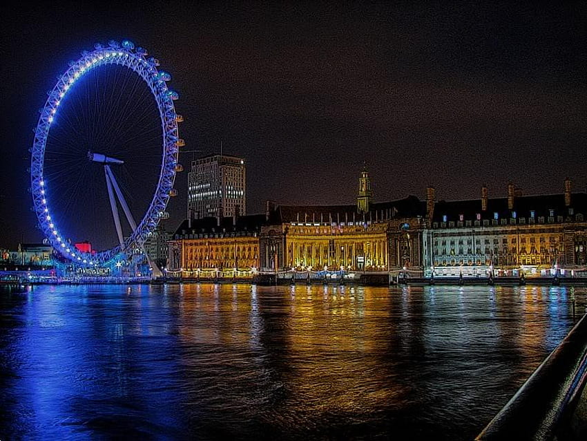 The London Eye on the South Bank, night, glare, buildings, water HD wallpaper