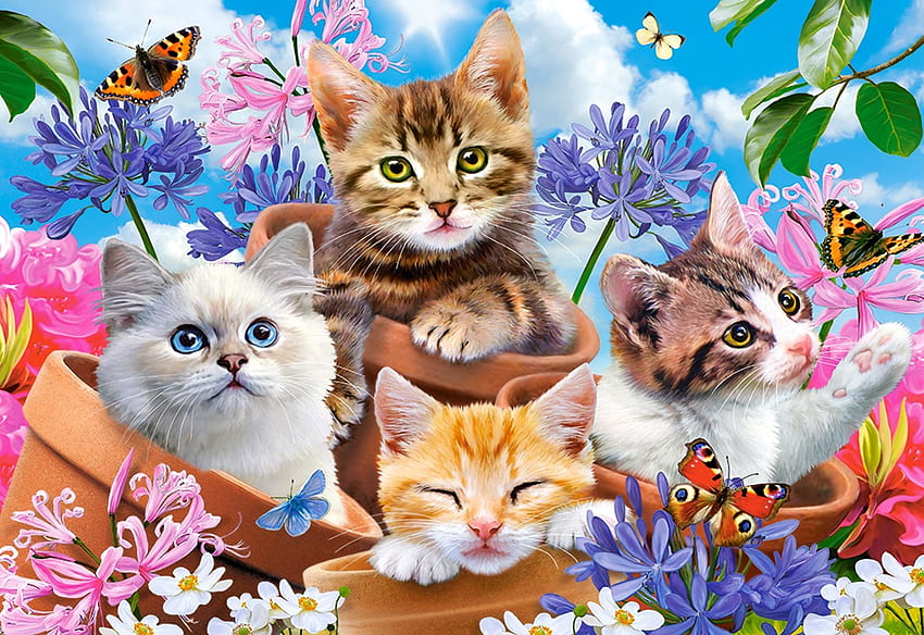 Котенца с цветя, цветове, котки, цифрови, цветя, пеперуди HD тапет
