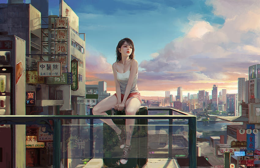 Ciudad urbana, chica relajada en el balcón, arte. fondo de pantalla
