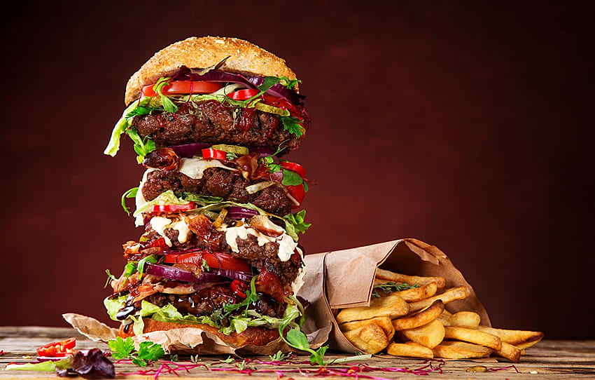 Hamburger Frytki Bułeczki Fast food Jedzenie Tapeta HD