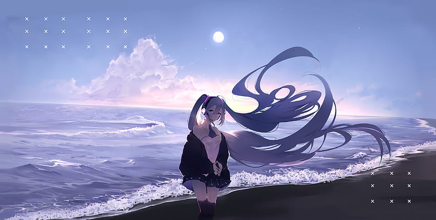 Hatsune Miku, długie włosy, brzeg morza Tapeta HD