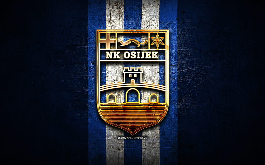 オシエク FC、金色のロゴ、HNL、青い金属の背景、サッカー、クロアチアのサッカー クラブ、NK オシエクのロゴ、サッカー、NK オシエク 高画質の壁紙