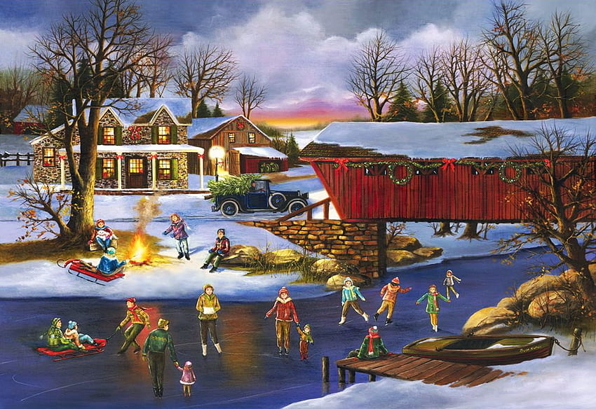 Staromodne Boże Narodzenie, jazda na łyżwach, śnieg, most, domy, ludzie, lód, pokryty, rzeka, grafika Tapeta HD