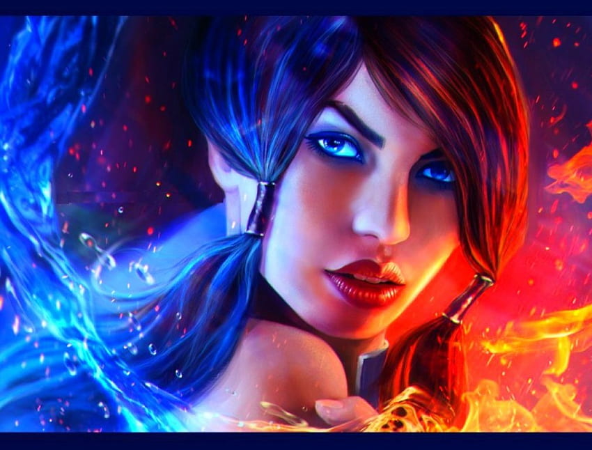 Water and fire, fantasy, face, water, look, fire, woman HD wallpaper