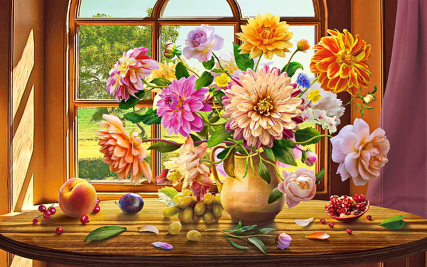 Herbststrauß, Blumenstrauß, Fenster, gemütlich, Kunst, Herbst, Vase, schön, Stillleben, hübsch, Herbst, Blumen, Zuhause HD-Hintergrundbild