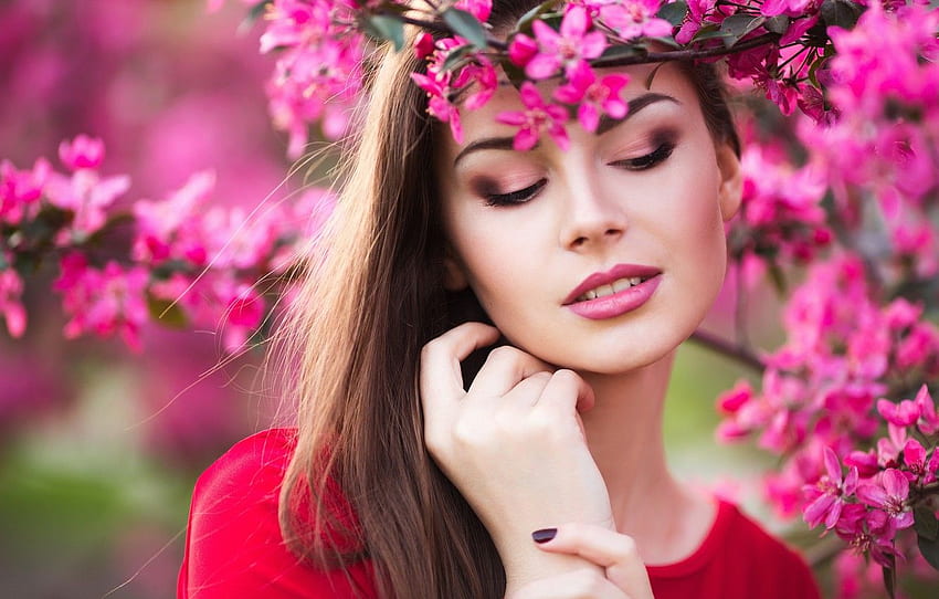 girl, flowers, beauty, spring, garden, woman, young HD wallpaper
