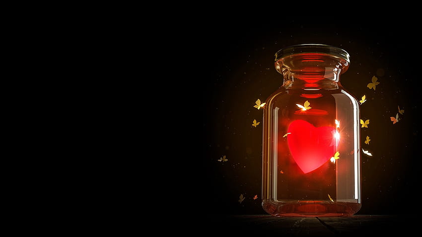 black, bottle, valentine, butterfly, fantasy, red, luminos, aleksandr ovcharenko, heart HD wallpaper