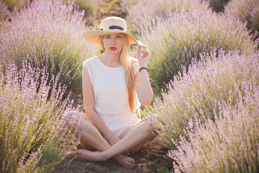 Lavender field beauty, summer, field, lavender, women, hat, beauty HD wallpaper