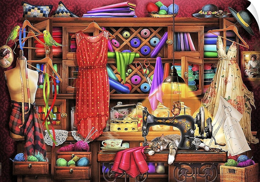 Ye Olde Craft Room, sewing machine, birds, mouse, art, dresses, cat, yarn HD wallpaper
