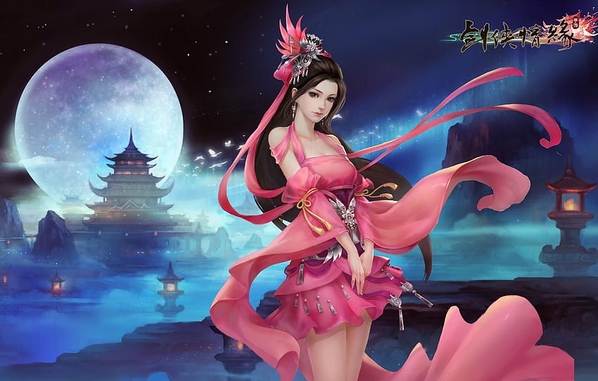 girl, night, the city, fog, river, the wind, the moon, the game, art, fantasy, Wudang for , section игры HD wallpaper