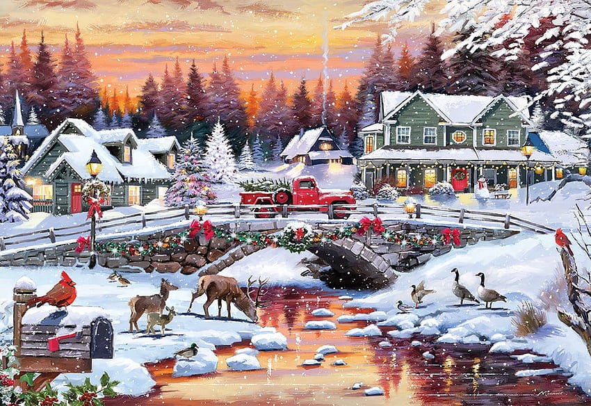 Снежен мост, елени, къщи, кардинал, село, езерце, гъски, зима, патици, , сняг HD тапет