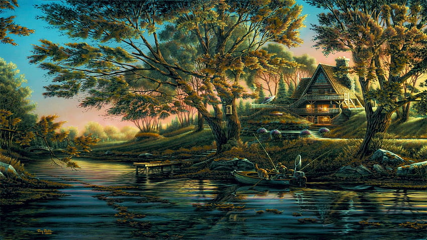 Close to Paradise, artwork, river, painting, pier, trees, cottage, sky, sunset HD wallpaper