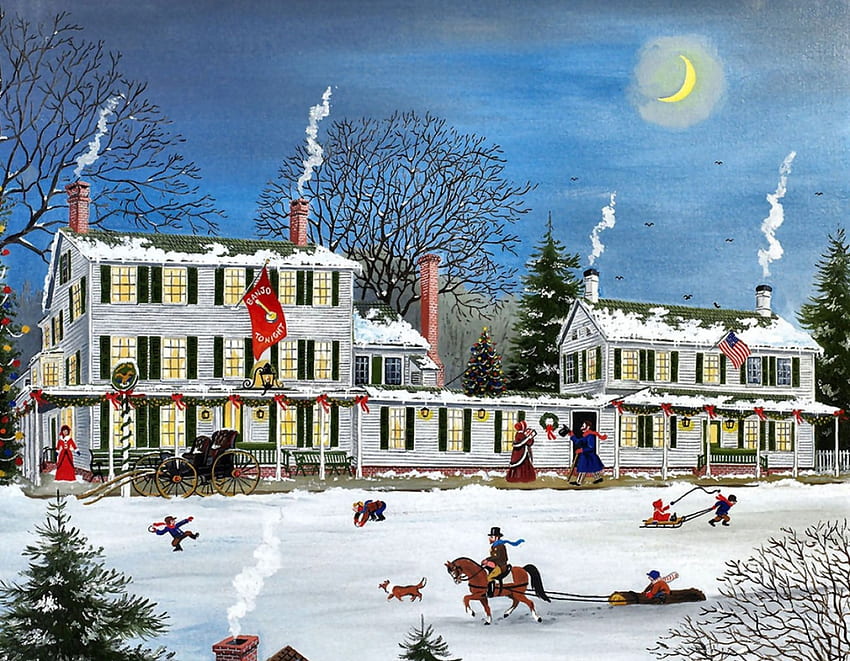 Christmas at Griswold Inn F1, winter, December, art, beautiful, illustration, artwork, scenery, occasion, wide screen, holiday, painting, Christmas, snow HD wallpaper