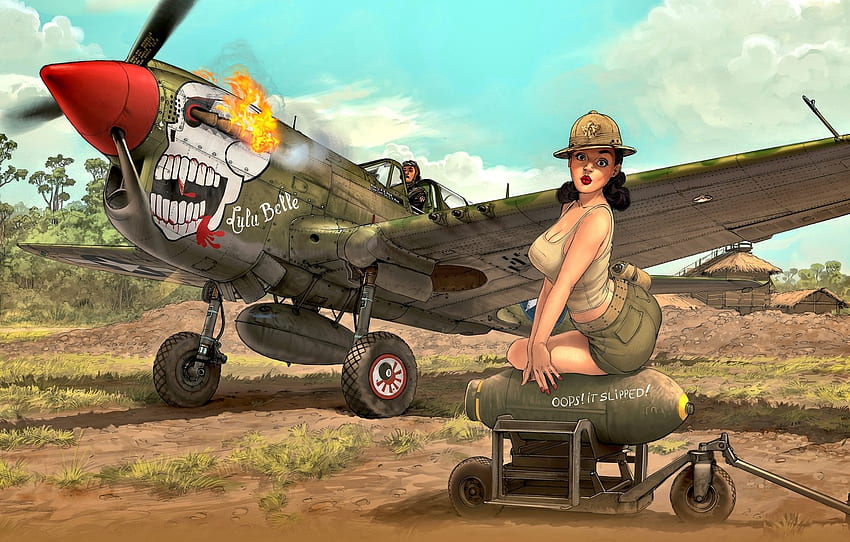 소녀, 파일럿, WWII, P 40N, 전투 항공기, 폭탄, 외부 연료 탱크, ''Lulu Belle'' For , Section арт HD 월페이퍼