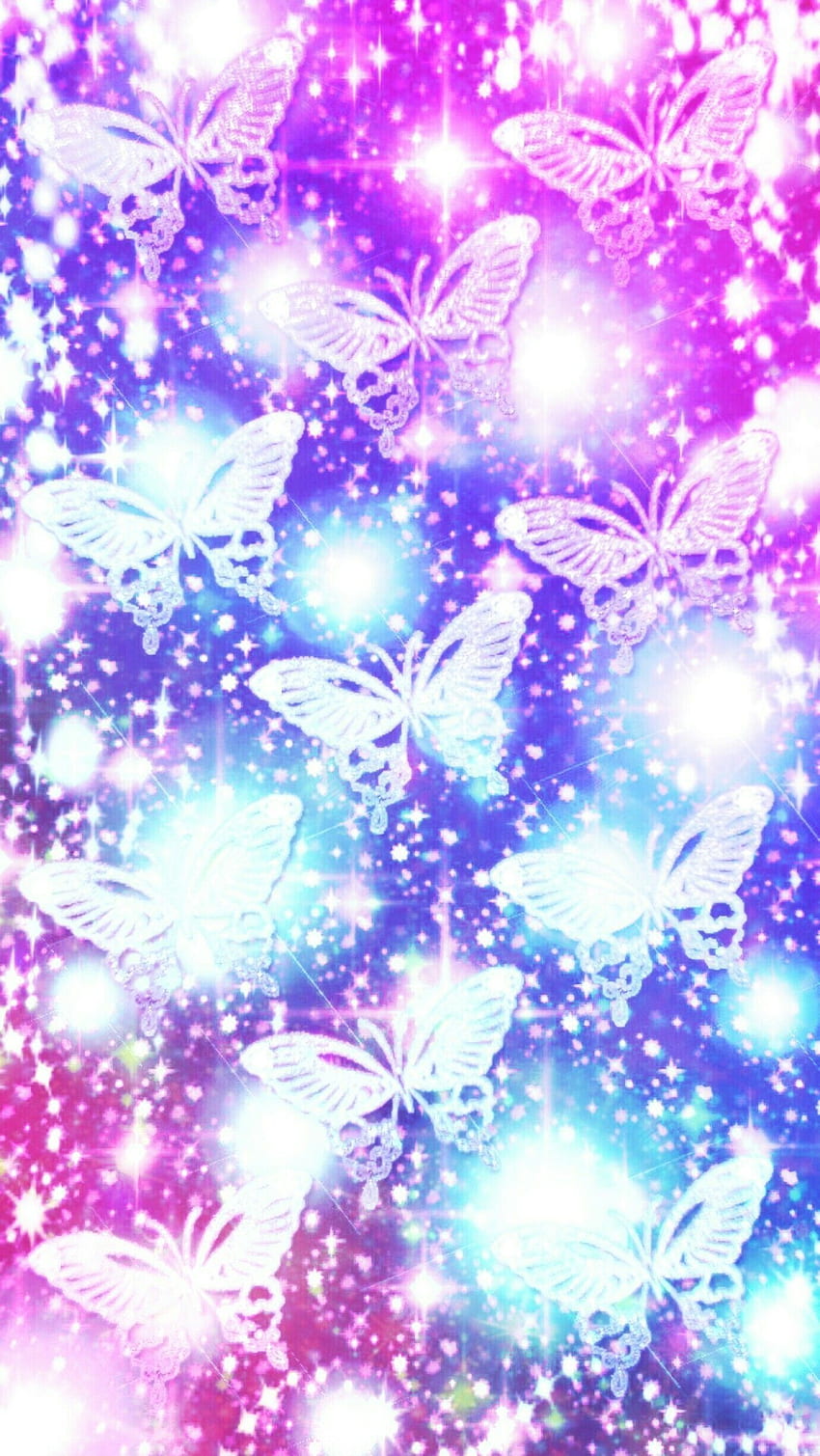 Estetyczne błyszczy fioletowe motyle, niebieski i fioletowy brokat Tapeta na telefon HD