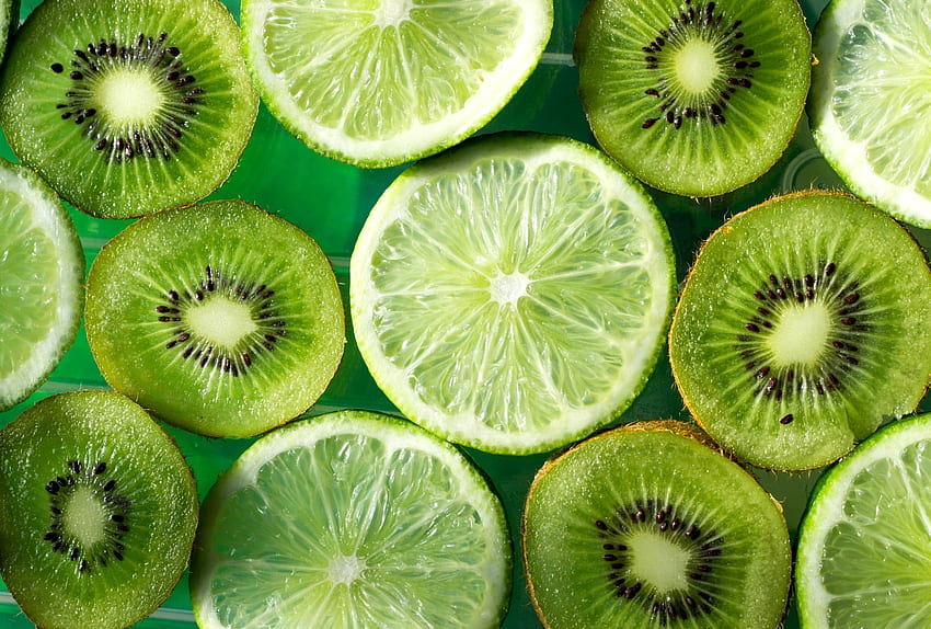 Lima y kiwi, verde, textura, kiwi, fruta, rebanada, limón fondo de pantalla