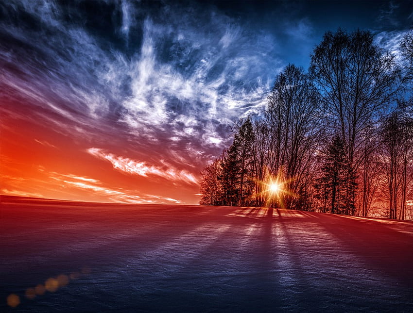 Splendor, rays, winter, sunrise, snow, clouds, nature, sky, winter time, sunset HD wallpaper