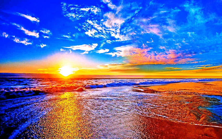 Coucher de soleil, mer, été, côte, plage Fond d'écran HD