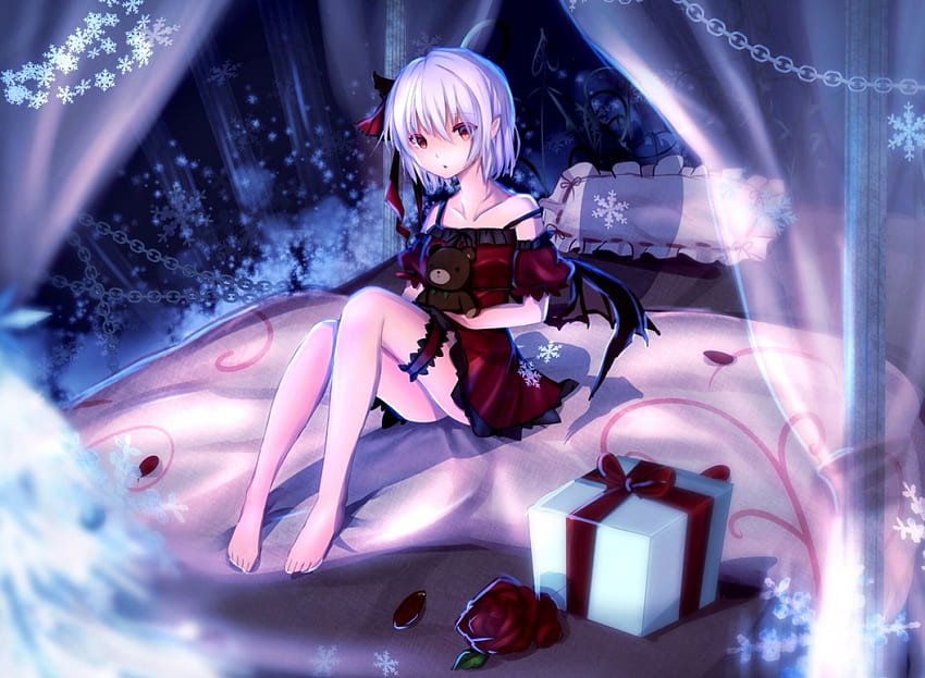 ❄~A Lonely Christmas~❄, Scarlet, Short Hair, Pillow, Cute, Remilia, Beautiful, Curtains, Red, Gift, Lonely, Lovely, Bed, Touhou, Anime, Snow Flake, Sweet, Snow, Kawaii, Rose HD wallpaper
