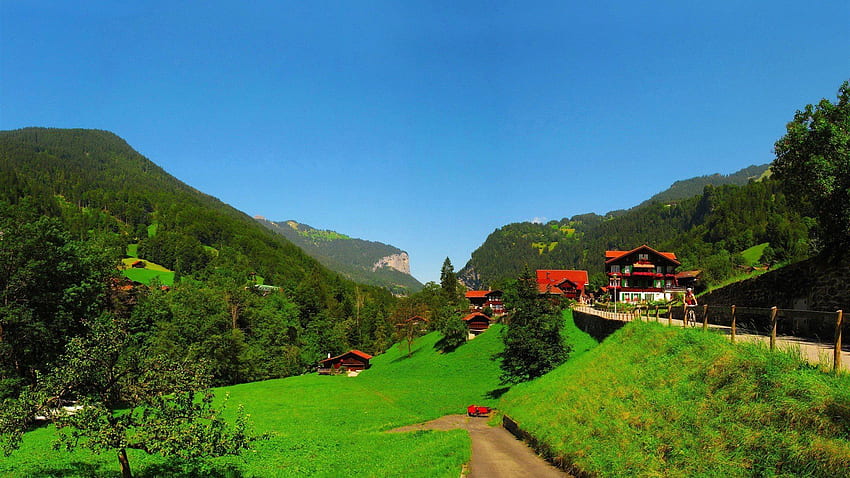 góry, krajy, przyroda, drzewa, domy, szwajcaria, berno, wieś, Lauterbrunnen / i mobilne tło, europejska wieś Tapeta HD