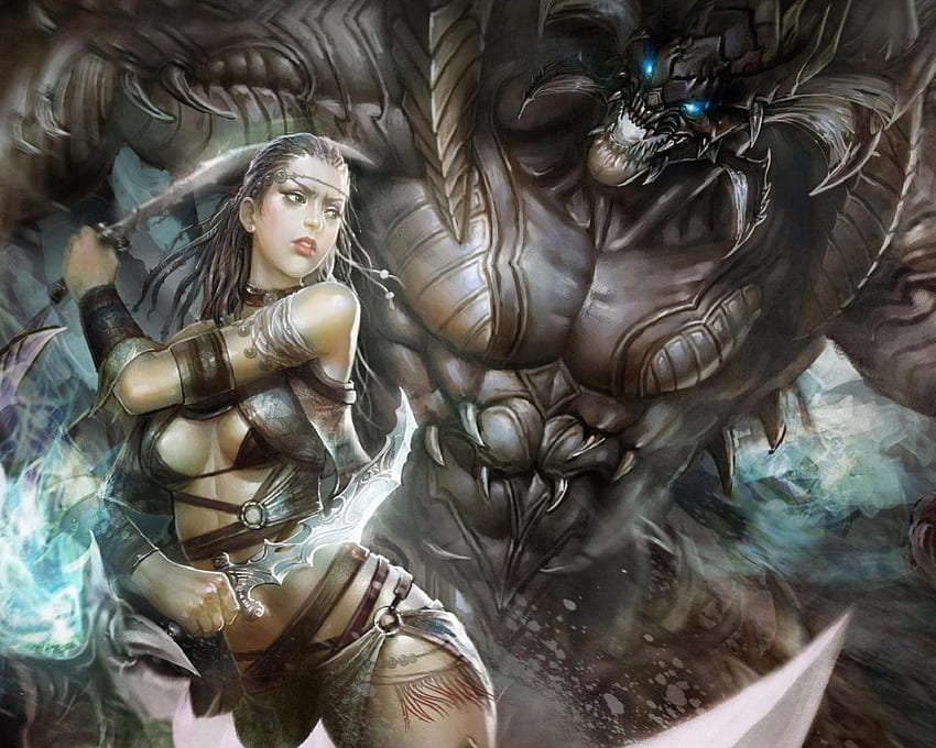 Krieger gegen Monster, Fantasie, Dolche, Monster, Riese, Frau HD-Hintergrundbild