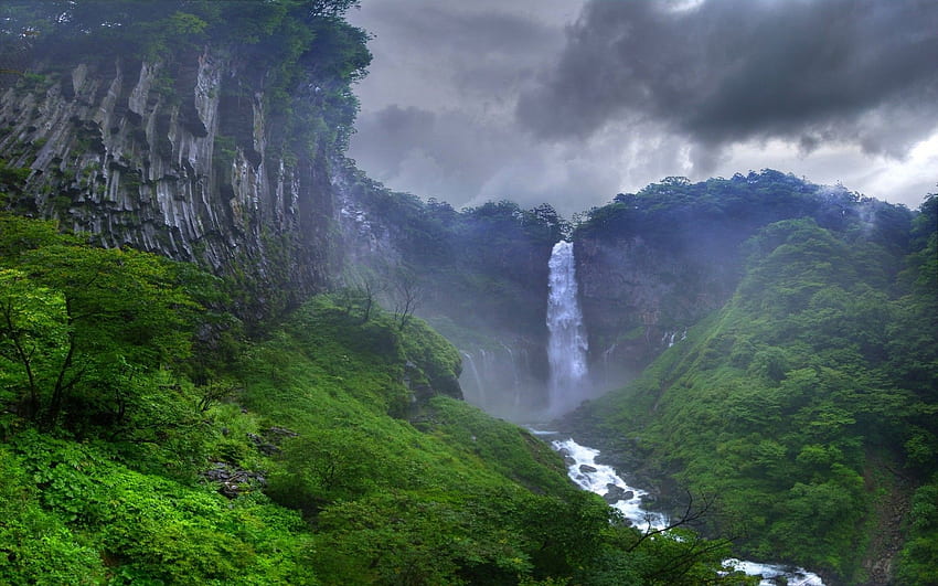 природа пейзаж водопад река гора облаци Япония мъгла дървета HD тапет