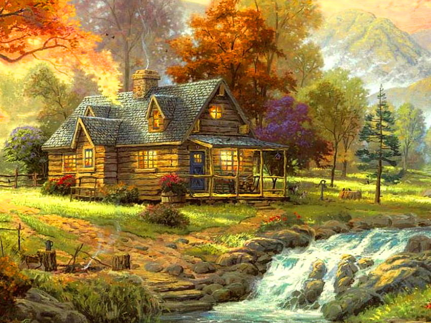 Peaceful, summer, painting, house, fall, autumn, mountain HD wallpaper