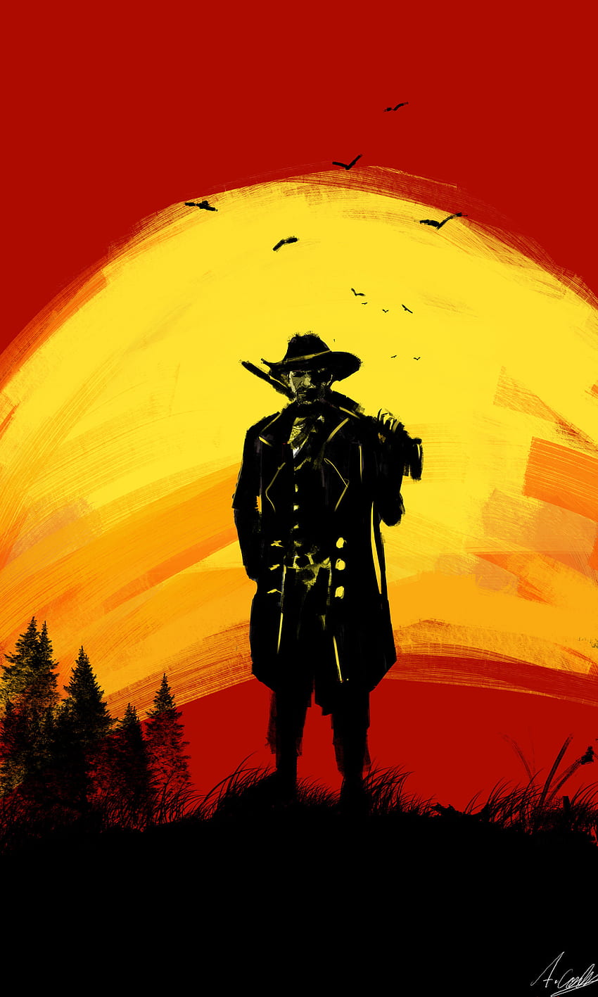 Red Dead Redemption 2, cowboy, silhouette, fan art HD phone wallpaper