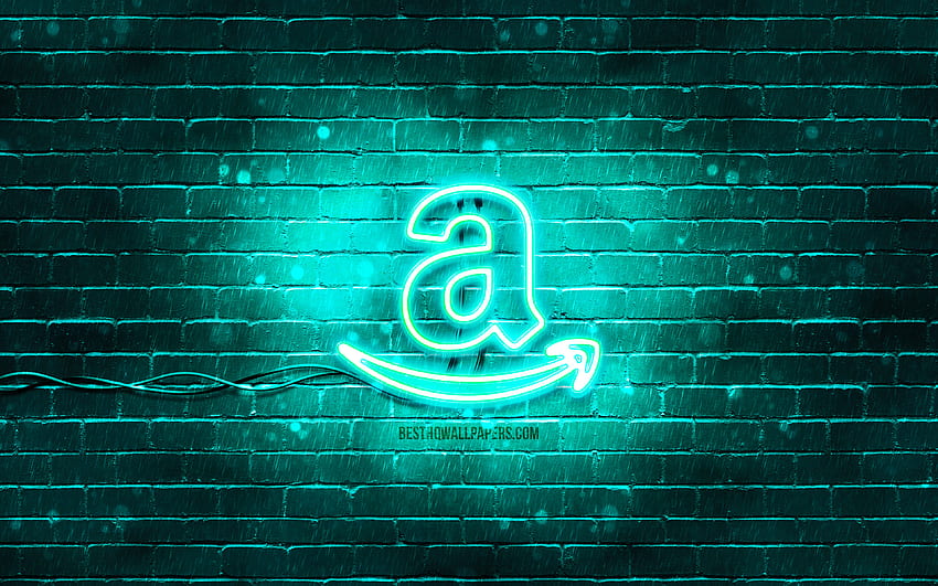 Amazon ターコイズ ロゴ、ターコイズ ブリックウォール、Amazon ロゴ、ブランド、Amazon ネオン ロゴ、Amazon 高画質の壁紙