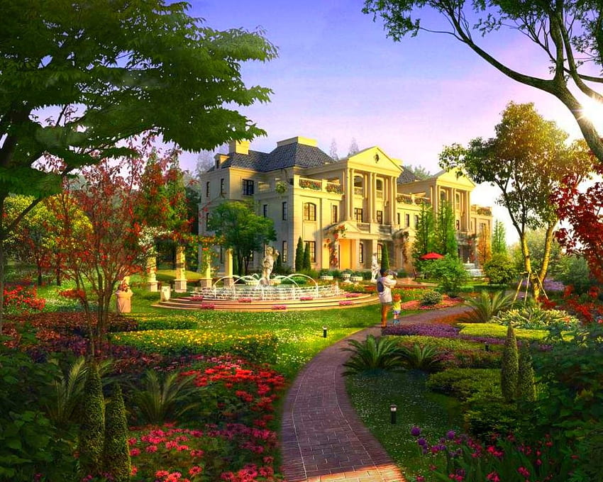 Houses: French Villa Sy Trees Garden Architecture Cool HD wallpaper
