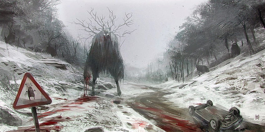 paintings, winter, snow, dark, monsters, cars, blood, fantasy art HD wallpaper