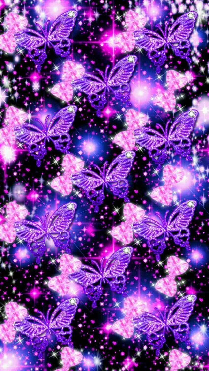 Mariposas moradas con destellos estéticos, mariposa con purpurina rosa fondo de pantalla del teléfono