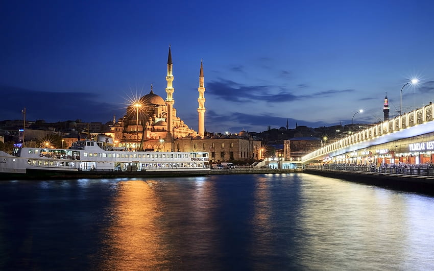 Yeni Cami, Paysages nocturnes, Pont de Galata, Istanbul - Istanbul Fond d'écran HD