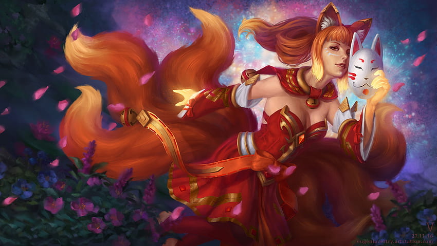 Kitsune, frumusete, ahri, girl, fox, orange, fantasy, red, ears, luminos, nine tails HD wallpaper