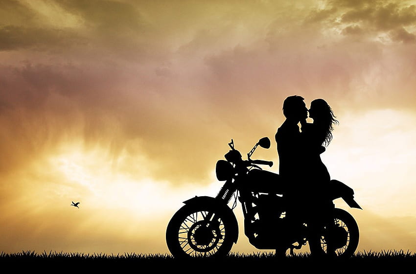 男性の恋人, シルエット, 愛, 抱擁, 若い女性, オートバイ 高画質の壁紙