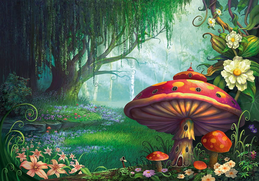 Художествена фантазия Цвете Горска къща Гъба Пролетно дърво - Резолюция: HD тапет